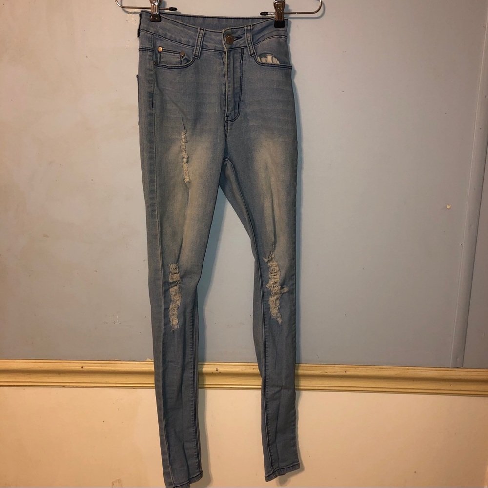 High waisted ripped denim skinny jeans